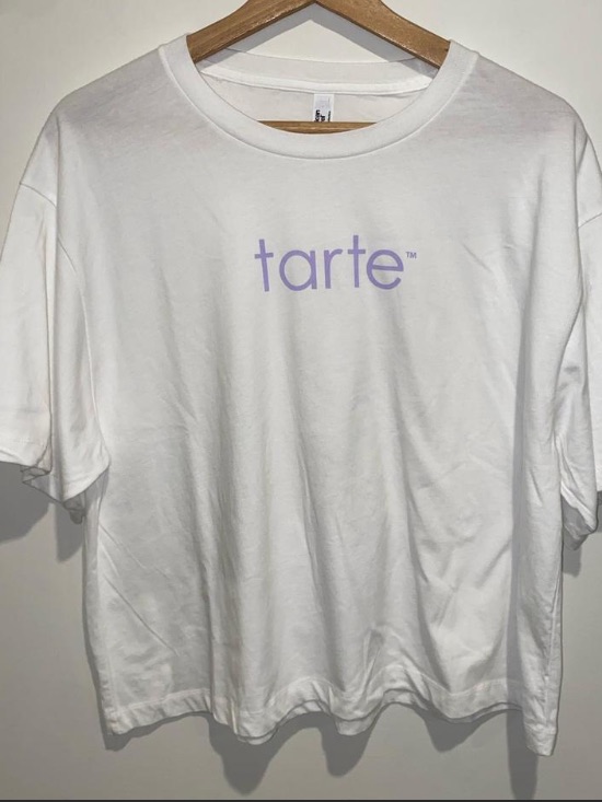 American Apparel Cropped Tarte White Tee With Lavender Logo Script